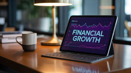 A tablet displays financial growth charts on a wooden desk next to a coffee mug and lamp.の素材
