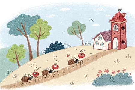 A charming illustration of ants marching in a line up a grassy hill towards a quaint house.の素材