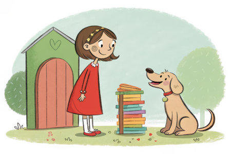 A happy girl in a red dress and a dog look at a stack of colorful books in a grassy outdoor setting.の素材