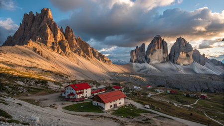 Panoramic view of Tre Cime di Lavaredo in Dolomites, Italyの素材