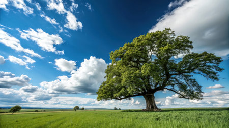Old oak tree on a green field with blue sky and white cloudsの素材