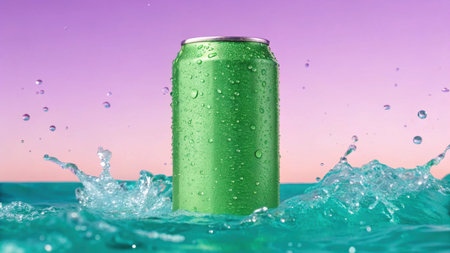 Green soda can with splashes on the background of the sea.の素材
