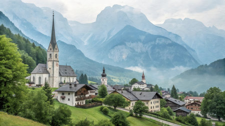 A picturesque alpine village nestled in a valley, with a prominent church and houses, surrounded by misty mountains.の素材