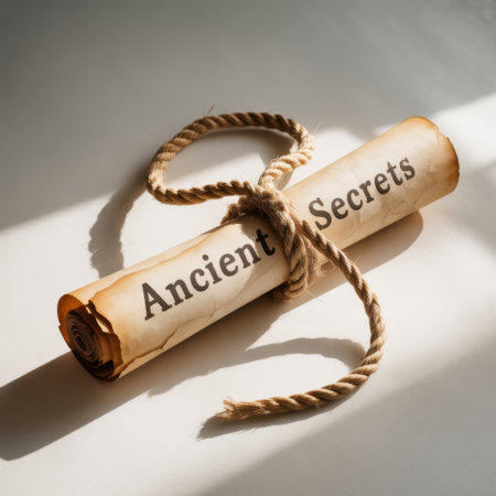A rolled parchment scroll with "Ancient Secrets" written on it, tied with a thick rope, bathed in dramatic light.の素材