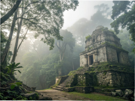 An ancient stone temple, covered in moss and vines, stands amidst a misty, overgrown jungle.の素材