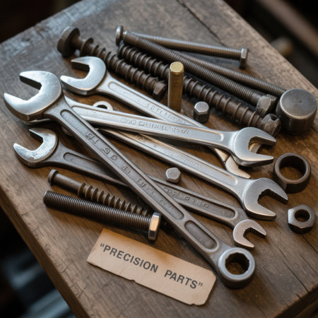 A collection of metal wrenches, bolts, and nuts are arranged on a rustic wooden surface.の素材