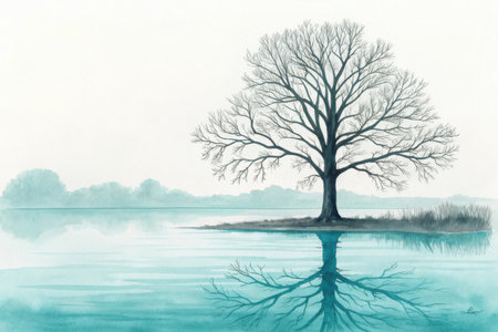 A watercolor painting of a bare tree reflected in calm, teal-colored water under a pale sky.の素材