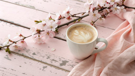 Cup of coffee with blooming branches on wooden table, closeupの素材