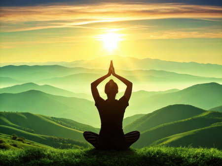 Woman practicing yoga on the top of the mountain at sunset background.の素材