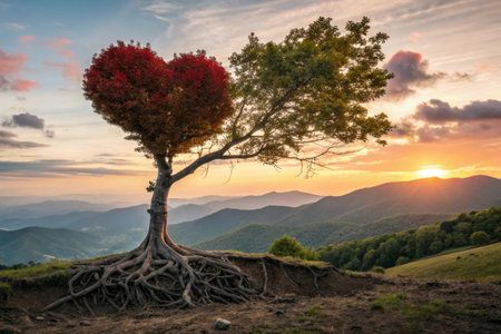 Valentine tree with red heart on top of mountain at sunsetの素材