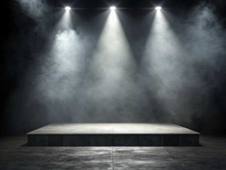 Empty stage with spotlights and smoke on black background. 3d renderingの素材