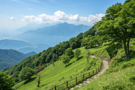 Mountain landscape with green hills and blue sky with white clouds.の素材