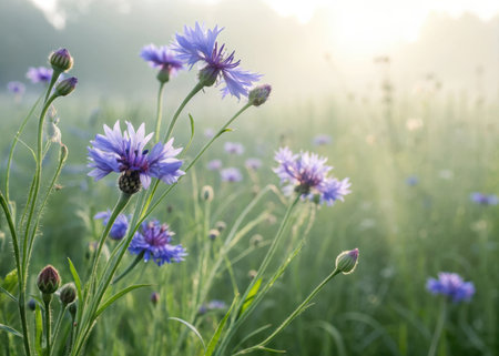 Blue cornflowers in the meadow at sunrise. Nature backgroundの素材