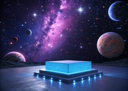 Cosmic space scene with planets, stars and podium 3D renderingの素材