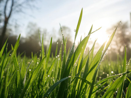 Morning dew on the green grass. Nature background. Shallow depth of field.の素材