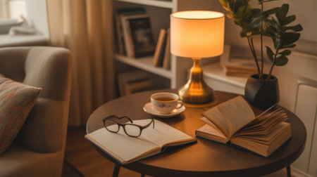 A warm, inviting reading nook with a lit lamp, a cup of tea, open books, and glasses on a table.の素材