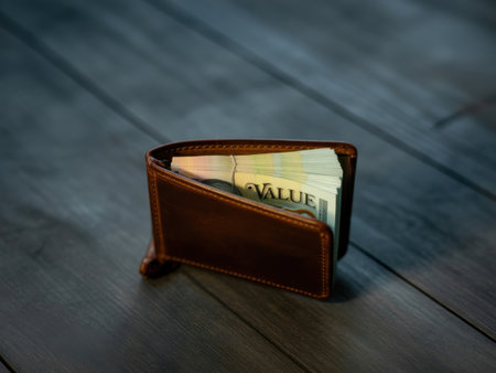 A brown leather wallet is open, revealing a thick stack of US dollar bills on a dark wooden surface.の素材