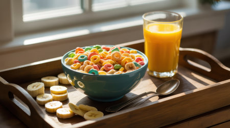 A bright and colorful bowl of cereal with milk, sliced bananas, and a glass of orange juice on a wooden tray.の素材