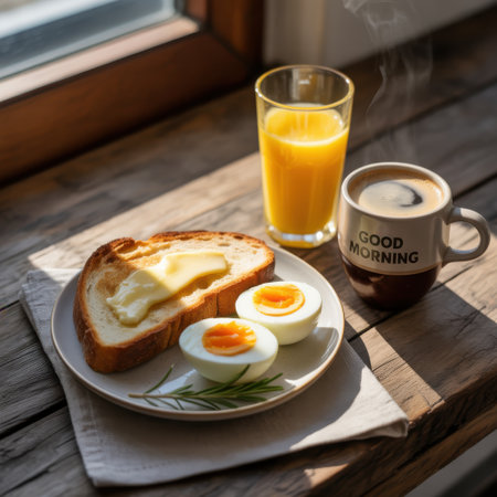 A hearty breakfast of toast with butter, boiled eggs, coffee, and orange juice on a wooden table.の素材