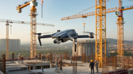 A drone hovers over a construction site with cranes and workers, showcasing modern surveying technology.の素材