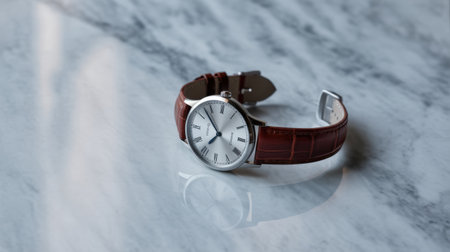 A close-up shot of an elegant silver watch with a brown alligator leather strap on a reflective marble surface.の素材