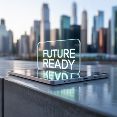 A tablet displays the words "FUTURE READY" on a futuristic holographic screen, with a blurred city skyline in the background.の素材
