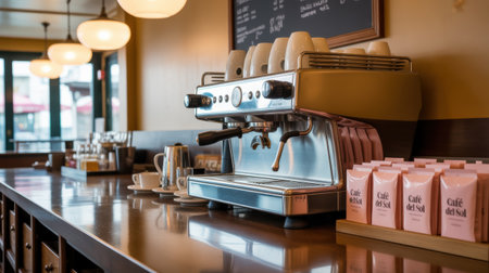 A professional espresso machine sits on a shiny counter with coffee cups and packets.の素材