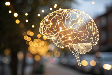 A glowing, wireframe brain with illuminated nodes and connections, set against a bokeh background.の素材