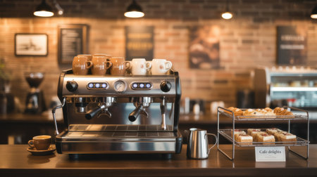 A professional espresso machine sits on a wooden counter, with cups and pastries displayed nearby in a warm cafe.の素材