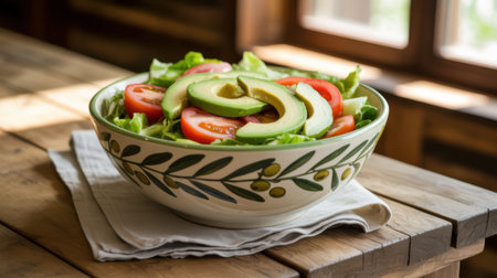 A vibrant salad of fresh lettuce, sliced tomatoes, and avocado in a decorative bowl on a rustic wooden table.の素材