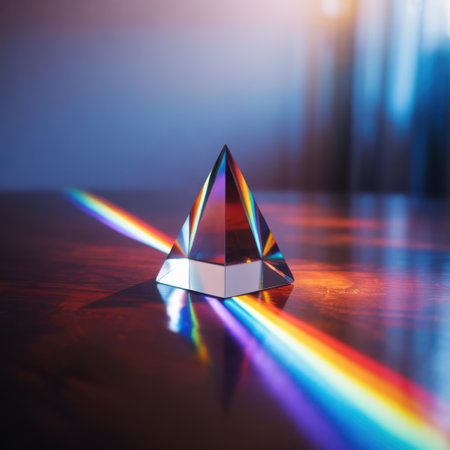 A glass prism refracts light, casting a vibrant rainbow spectrum across a polished wooden surface.の素材