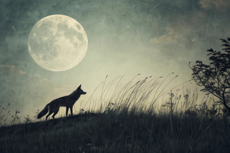 A lone fox stands silhouetted on a grassy hill under a large, luminous full moon.の素材