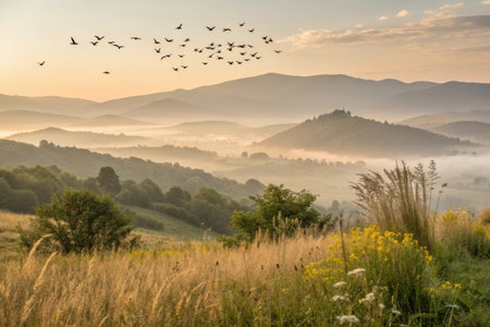 A flock of birds flies over rolling hills shrouded in mist at sunrise, with a castle ruin on a distant peak.の素材
