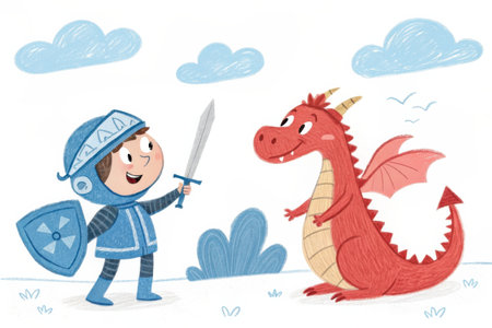 A cheerful cartoon knight with a sword and shield faces a friendly red dragon under a sky with clouds.の素材