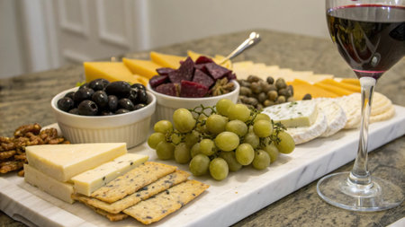 A marble cheese board laden with various cheeses, olives, grapes, nuts, and crackers, paired with red wine.の素材