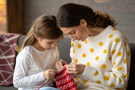 A mother and daughter are sitting together, focused on knitting a red and white patterned item.の素材