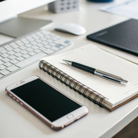 A clean desk with a smartphone, keyboard, notebook, and pen, ready for work or study.の素材