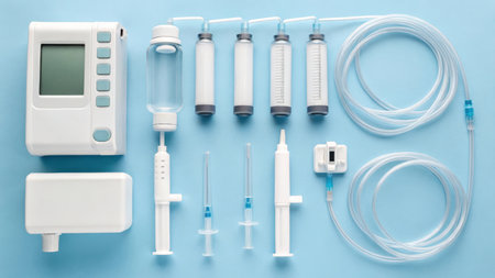 A collection of sterile medical infusion equipment, including a pump, syringes, and tubing, arranged on a blue background.の素材