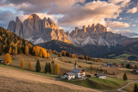 Golden hour light illuminates the majestic Dolomites mountains and a charming alpine village in autumn.の素材