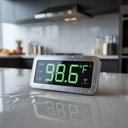 A digital thermometer showing 98.6?F sits on a wet countertop in a modern kitchen.の素材