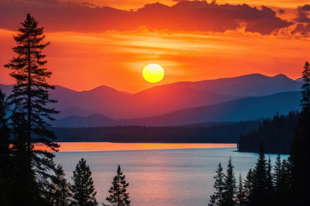 A vibrant sunset paints the sky with fiery oranges and reds over a calm lake and layered mountains.の素材