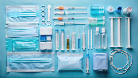 A collection of medical supplies including face masks, syringes, vials, and bottles arranged on a blue surface.の素材