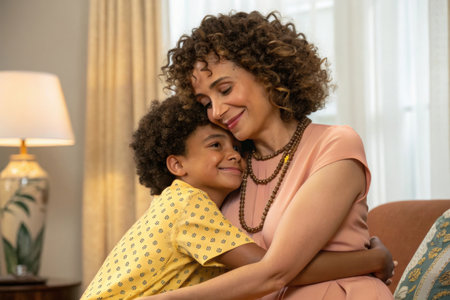A mother and her young son share a tender embrace, both smiling with affection in a warm, indoor setting.の素材