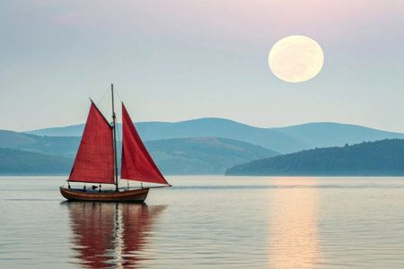 A lone sailboat with vibrant red sails drifts on a calm body of water under a large, luminous full moon.の素材