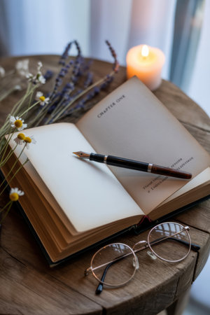 An open book with a fountain pen, glasses, candle, and flowers on a wooden table.の素材