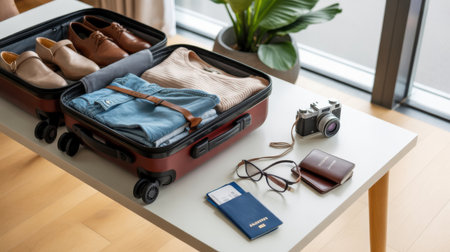 A suitcase is packed with clothes, shoes, a passport, ticket, camera, and glasses for a trip.の素材