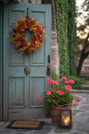 A rustic teal door adorned with an autumn wreath, welcoming flowers, and a lit lantern.の素材