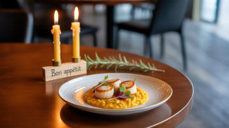 A gourmet dish of seared scallops on saffron risotto, illuminated by two flickering candles.の素材