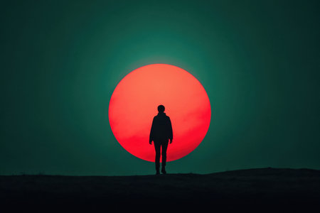 A lone figure stands silhouetted against a massive, vibrant red sun on the horizon.の素材