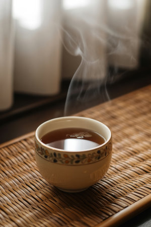A close-up shot of a steaming cup of tea on a woven mat, bathed in soft natural light.の素材